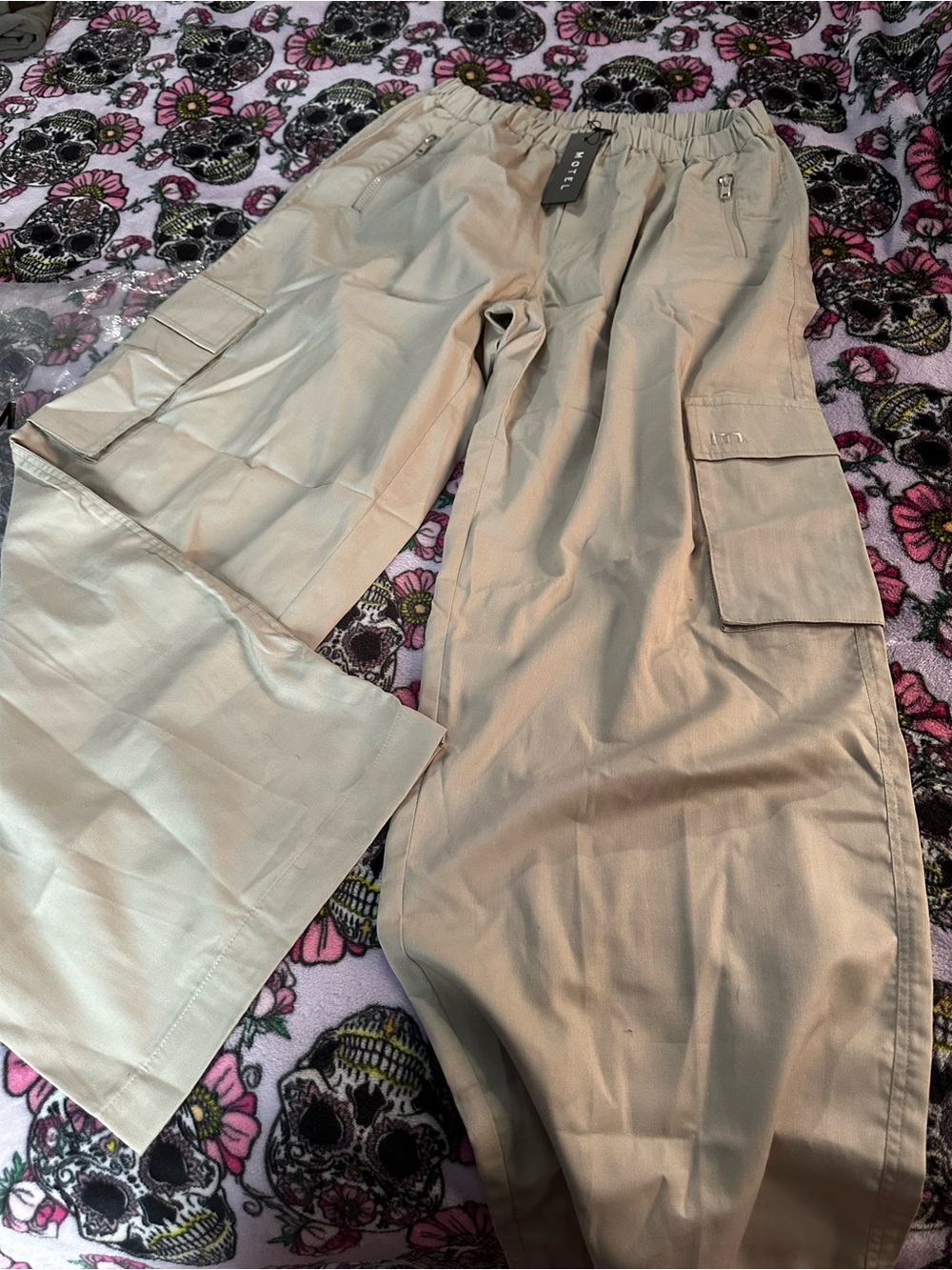 Motel Rocks Beige Wide-Leg Cargo Trousers